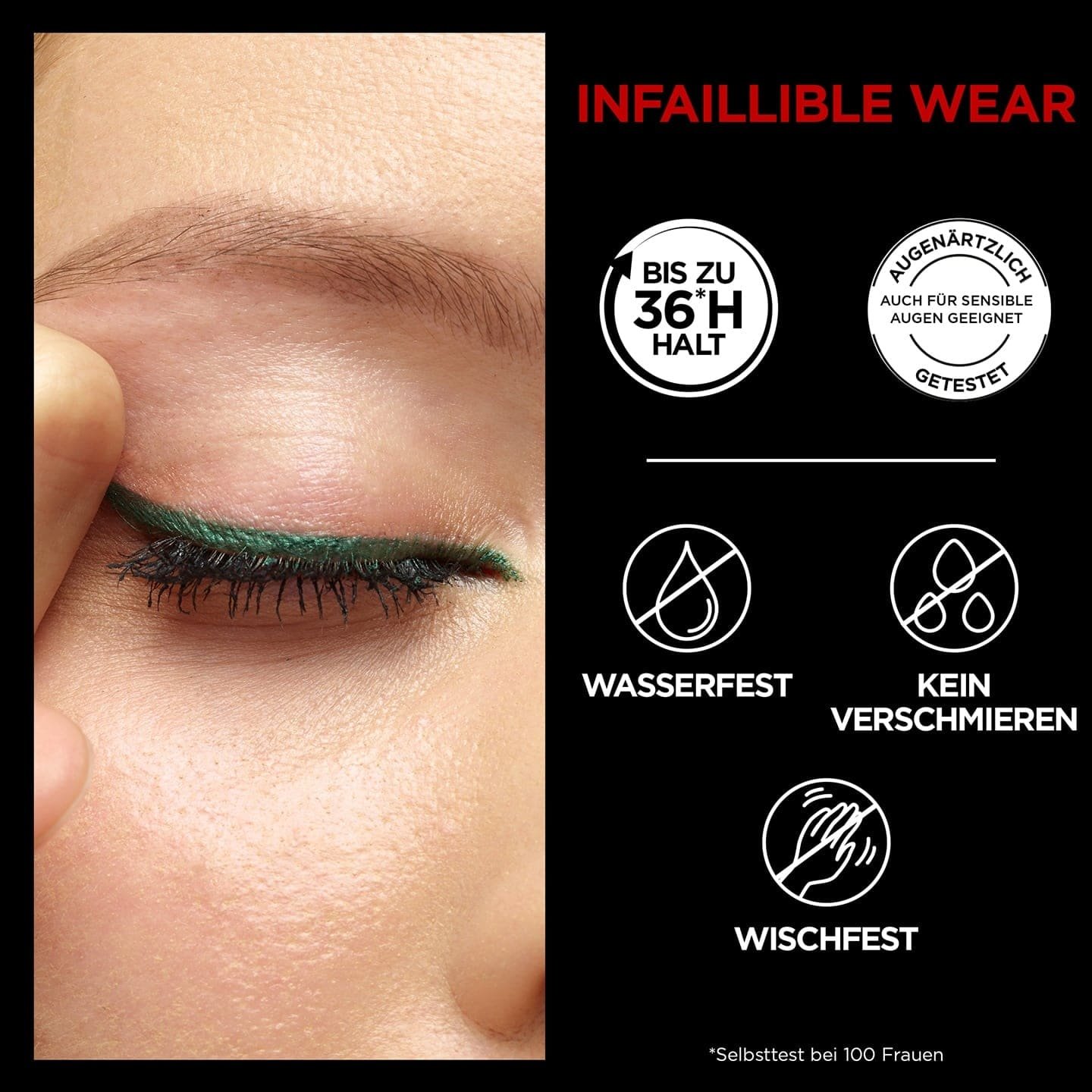 Nahaufnahme eines geschlossenen Auges einer Frau mit Make-up und Produktvorteilen daneben aufgelistet